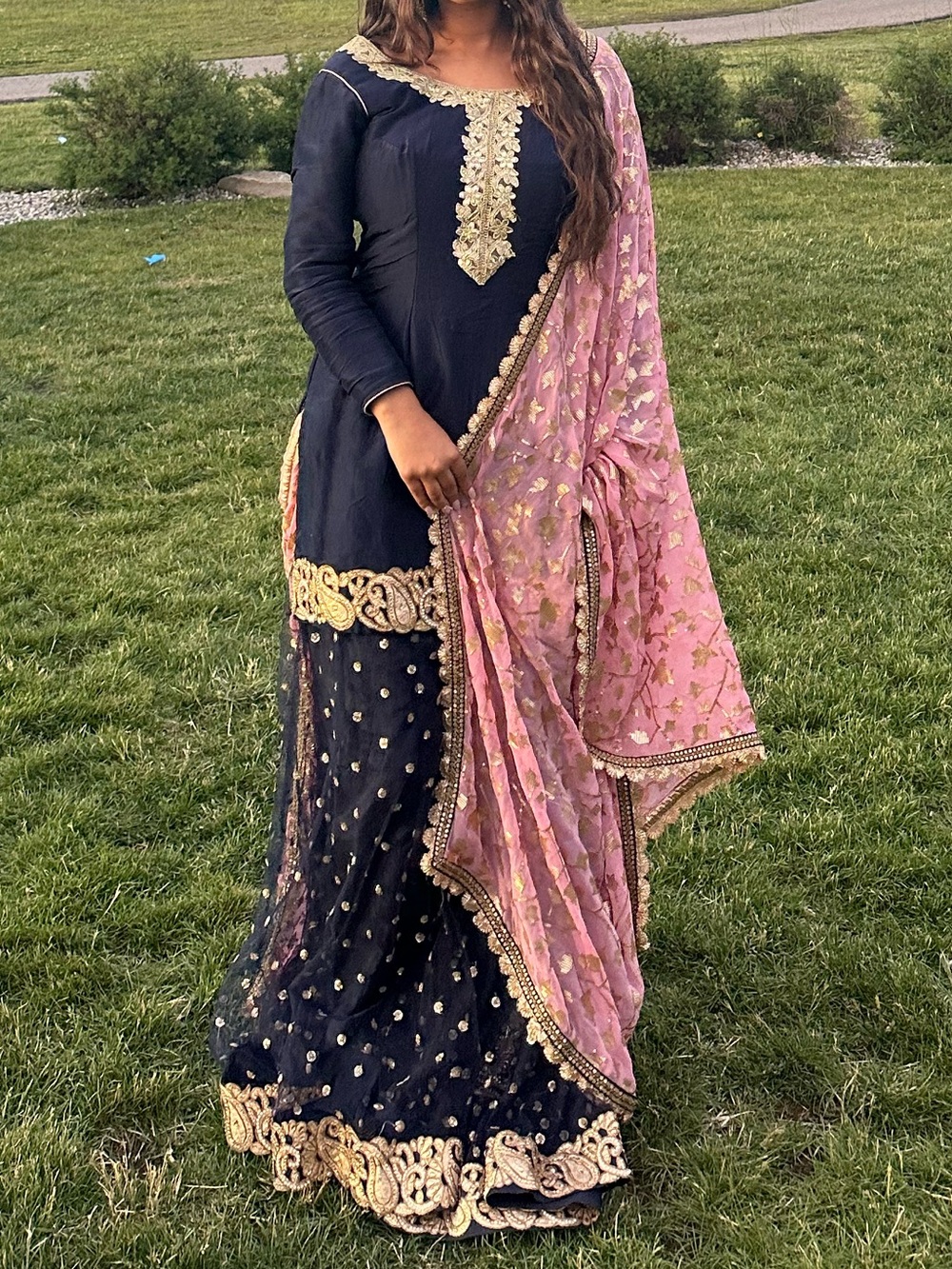 Embellished Navy Anarkali Pantsuit with Pink Dupatta